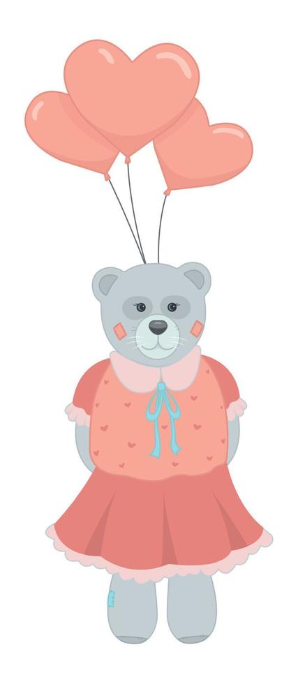 A teddy bear in a red dress holds balloons. Teddy bear-girl with three heart-shaped balloons. Valentine's Day. The 14th of February. Love. Vector illustration