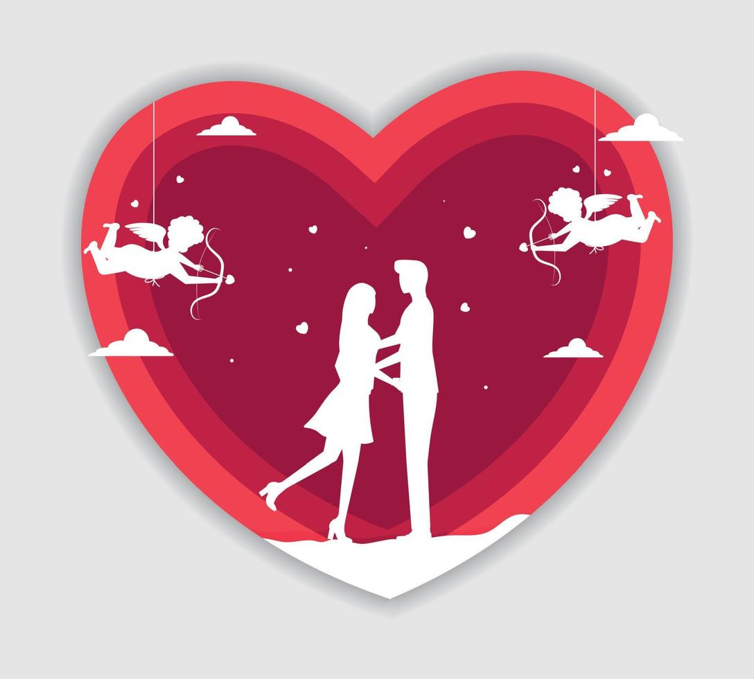 Valentines day vector illustration with young couple in love. Boyfriend and girlfriend smile and kiss.