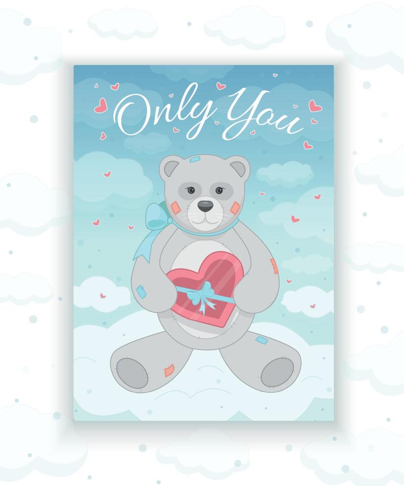 Postcard with teddy bear and heart. Valentine's Day. Vector