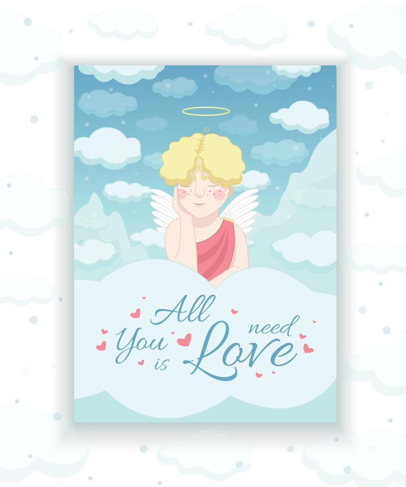 Valentine's Day card. Cupid on a cloud. Vector