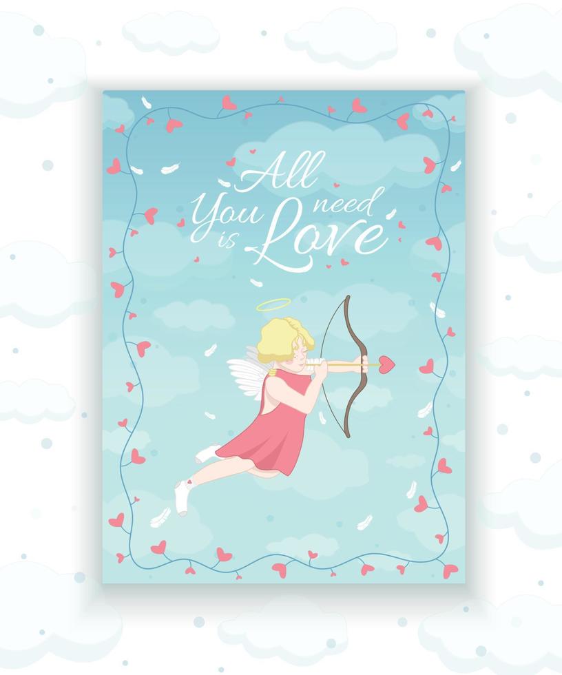 Postcard with cupid. Valentine's Day. Cupid shoots an arrow with a heart from a bow. Vector