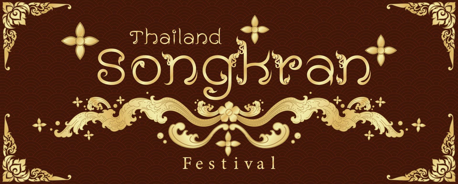 póster de Tailandia Songkran festival en tradicional dorado tailandés modelo estilo con el nombre de evento en marrón antecedentes. vector