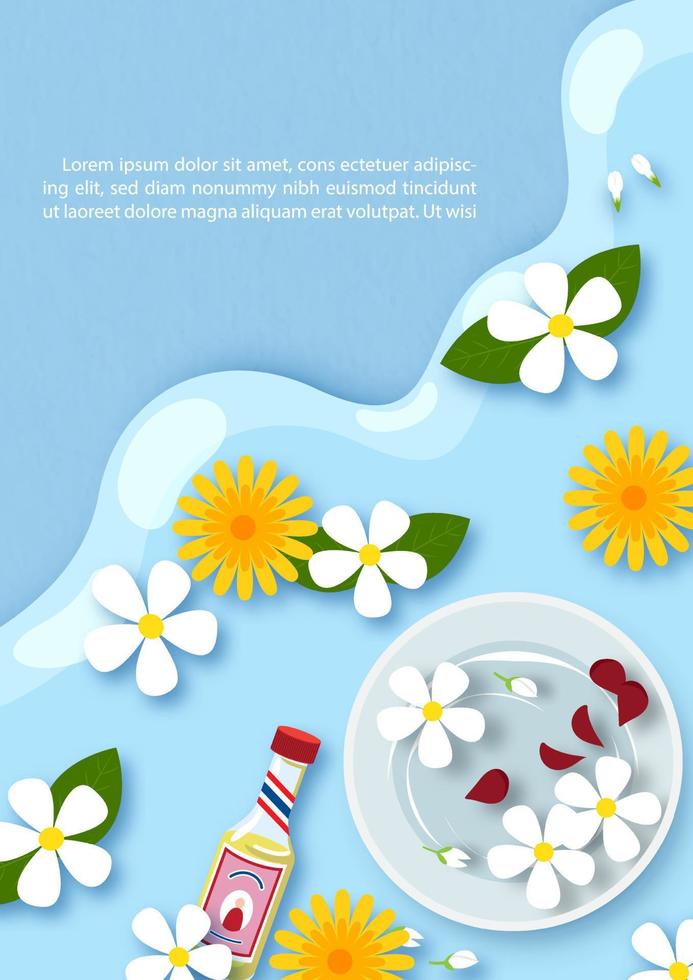 Top view of flowers and silver bowl on water and blue background. Poster of Songkran water festival in vector design.