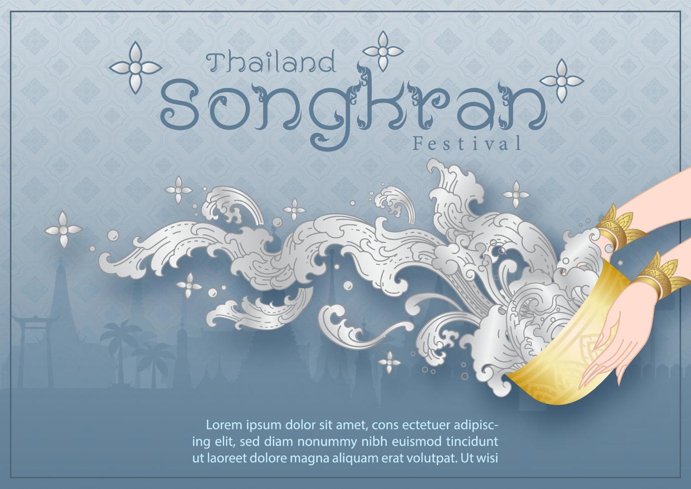 Closeup and crop woman hands holding a golden bowl splashing water in the traditional Thai pattern style with the name of event on gradient blue background. Poster of Thailand Songkran festival. vector