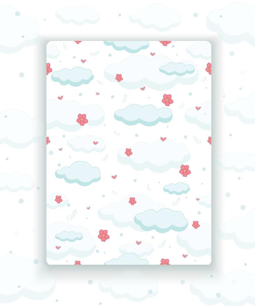 Postcard. Valentine's Day. Image with clouds, flowers, feathers and hearts. Vector illustration.