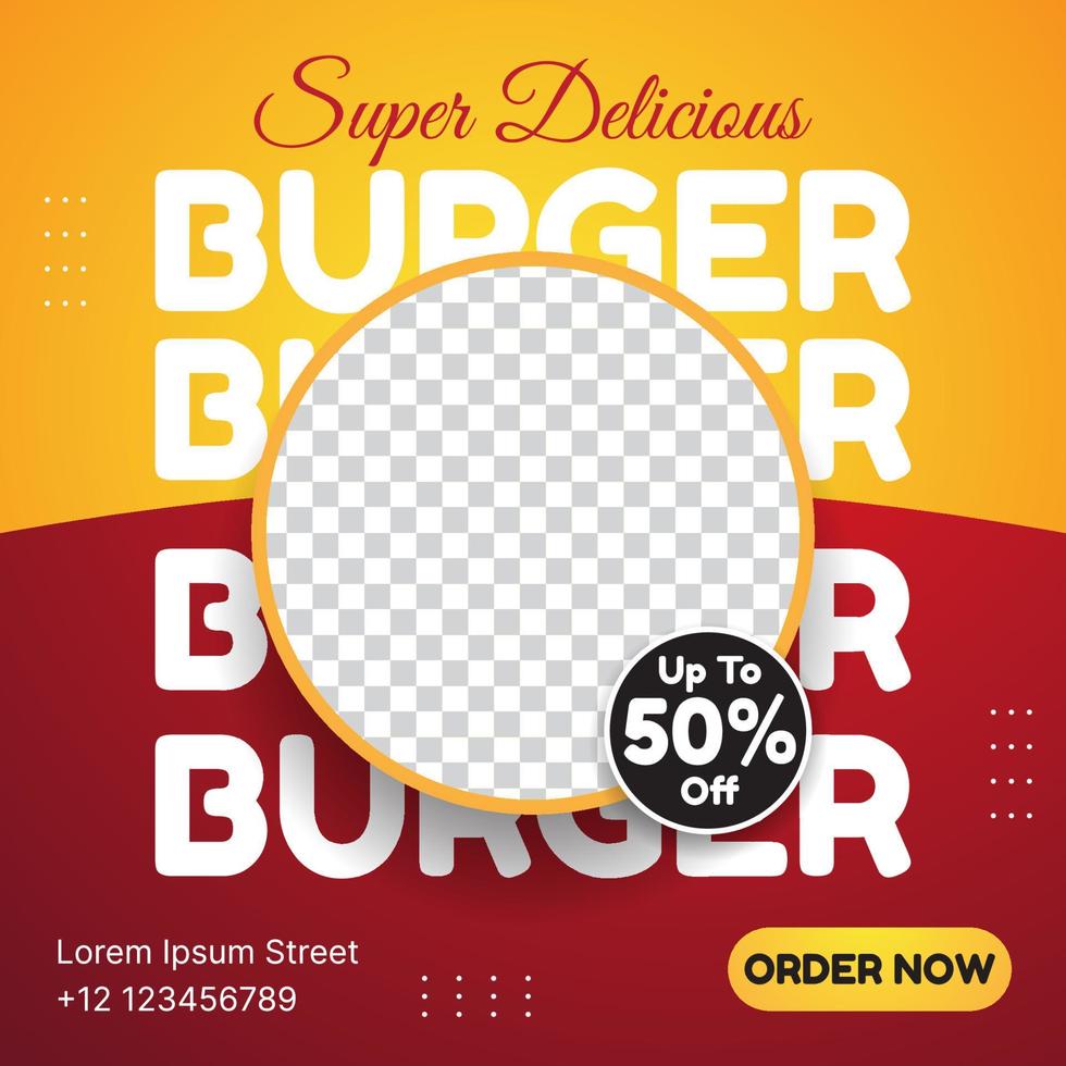 burger social media post vector design on orange and red background