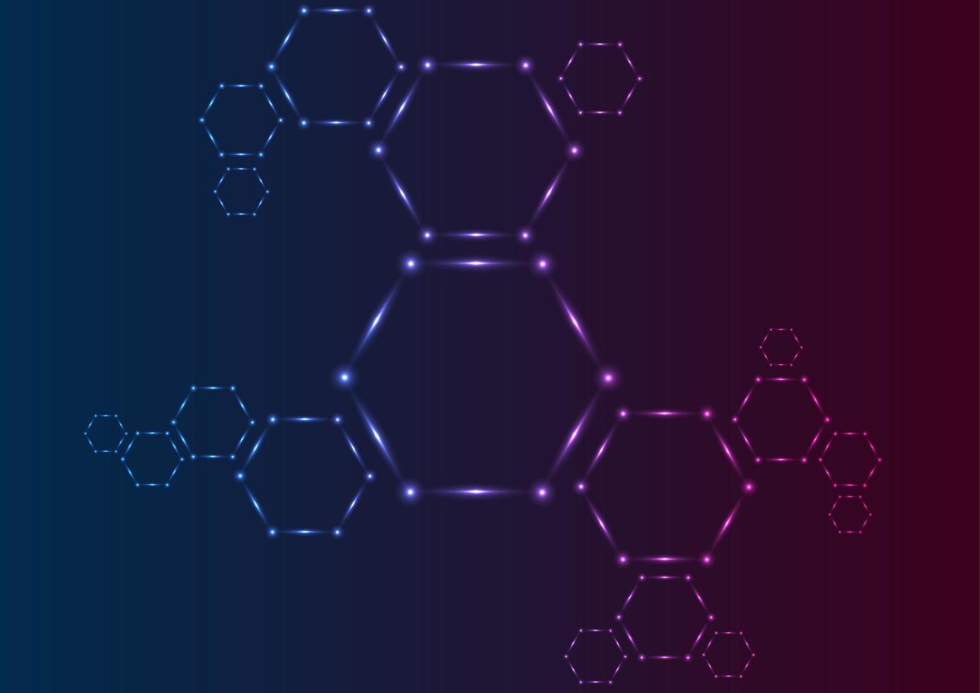 Dark blue and purple neon abstract hexagon molecules tech background vector