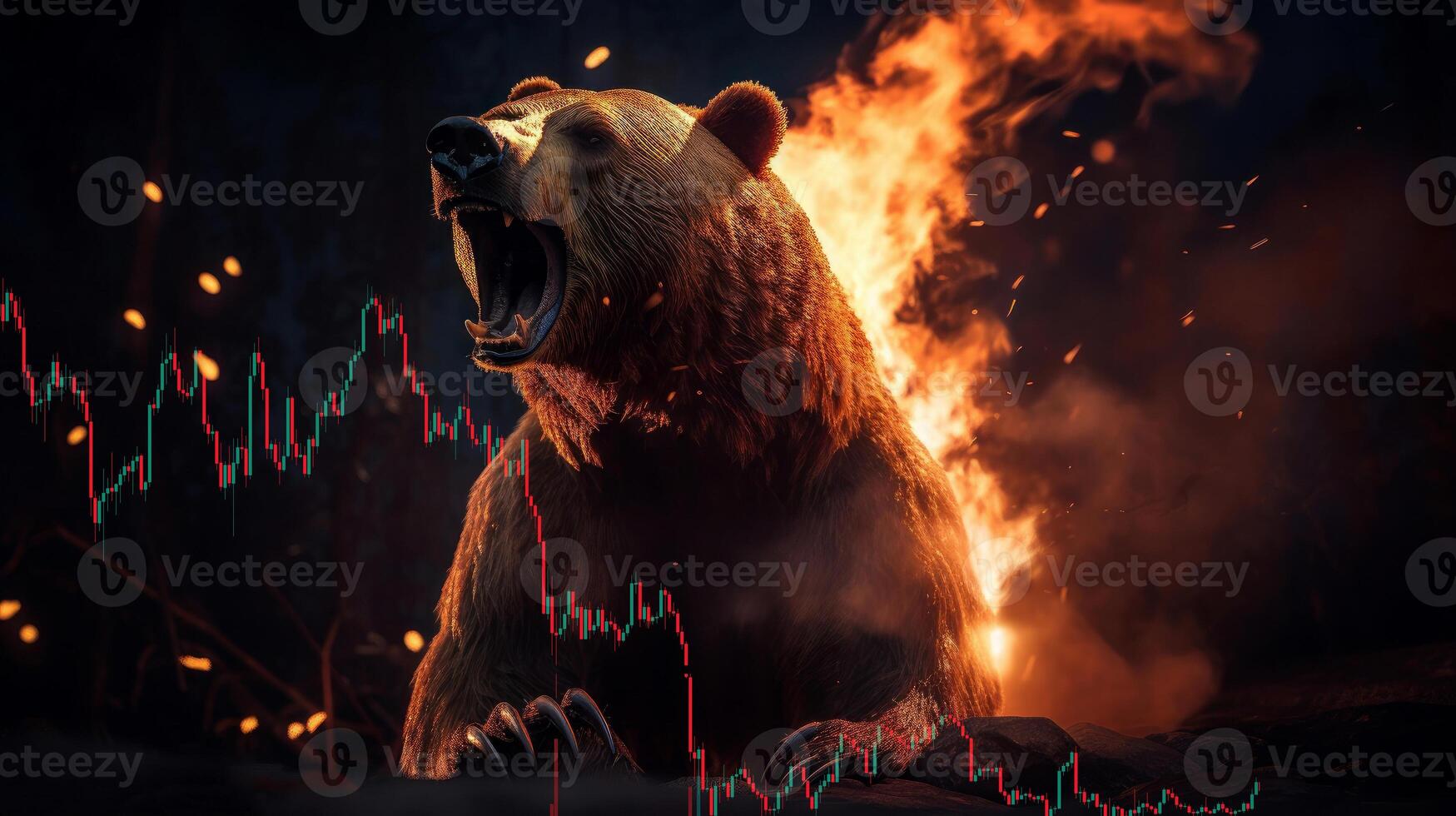 Bear on fire. Business bear market concept. . photo