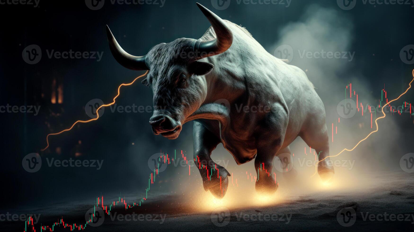 Bull running on fire. Business bull market concept. photo