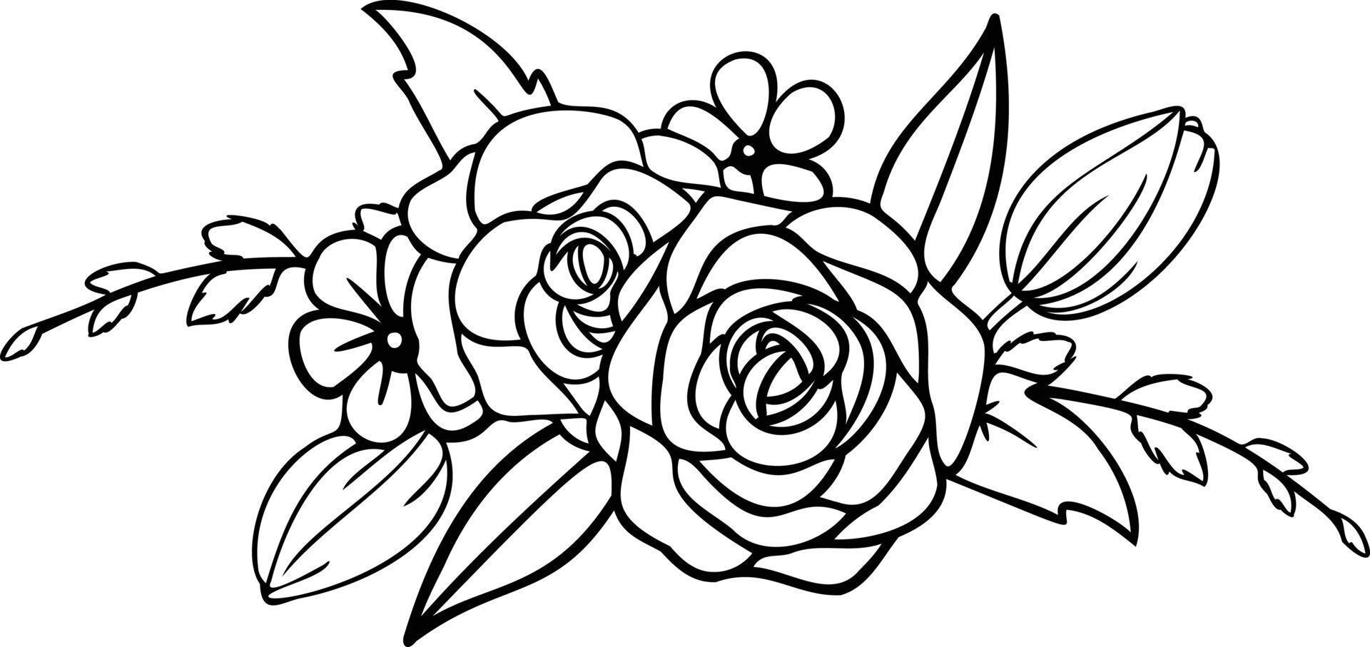 lineal ramo de flores con Rosa flores y hojas. vector