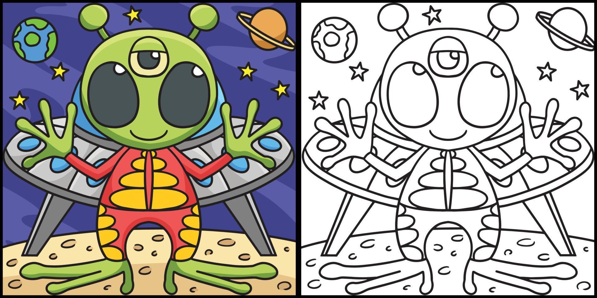 UFO Alien Space Coloring Page Colored Illustration vector