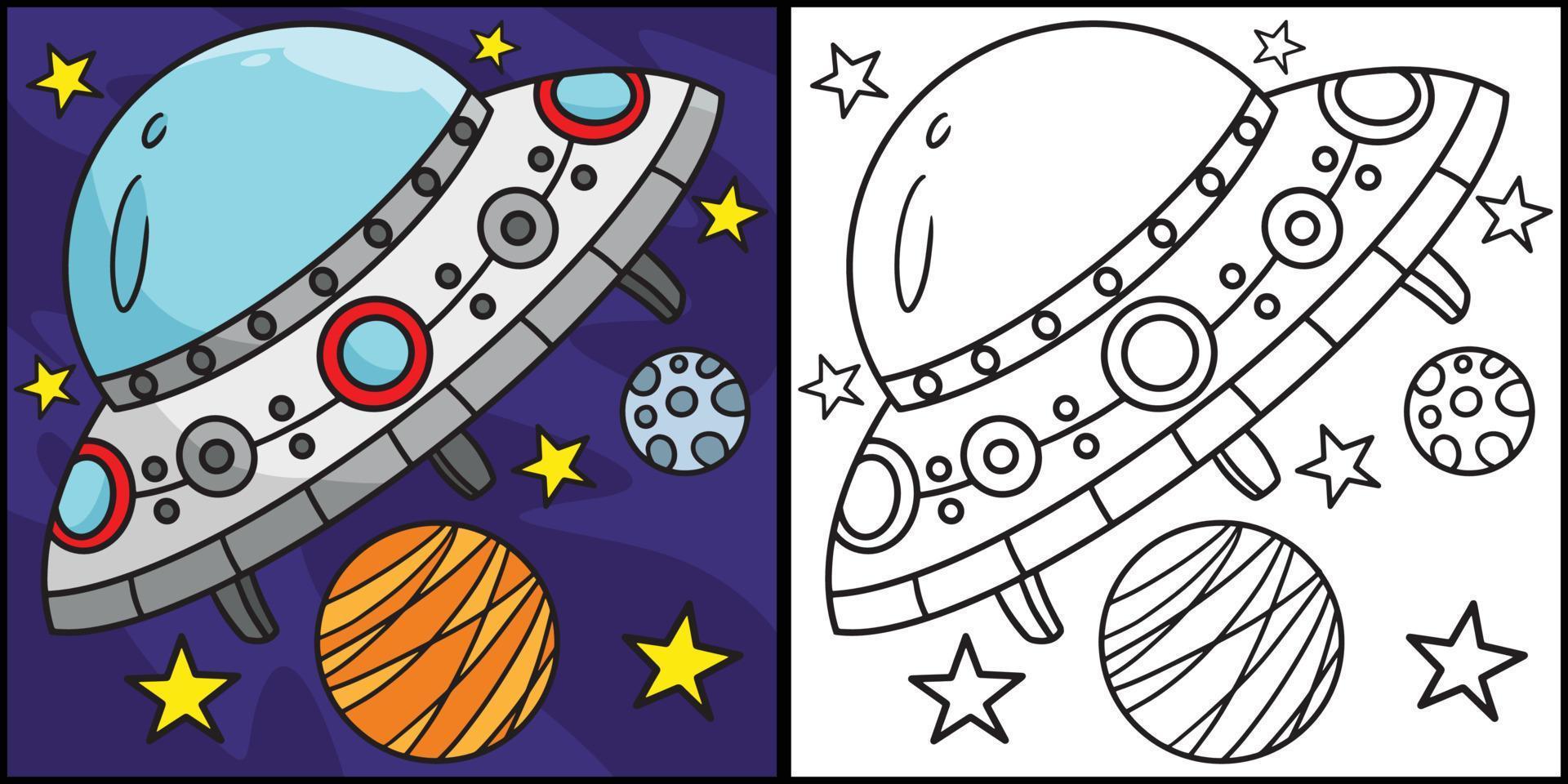 UFO Spaceship Coloring Page Colored Illustration vector