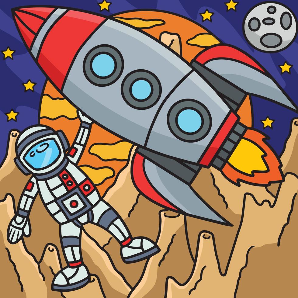 Astronaut Space Rocket Ship Colored Cartoon vector