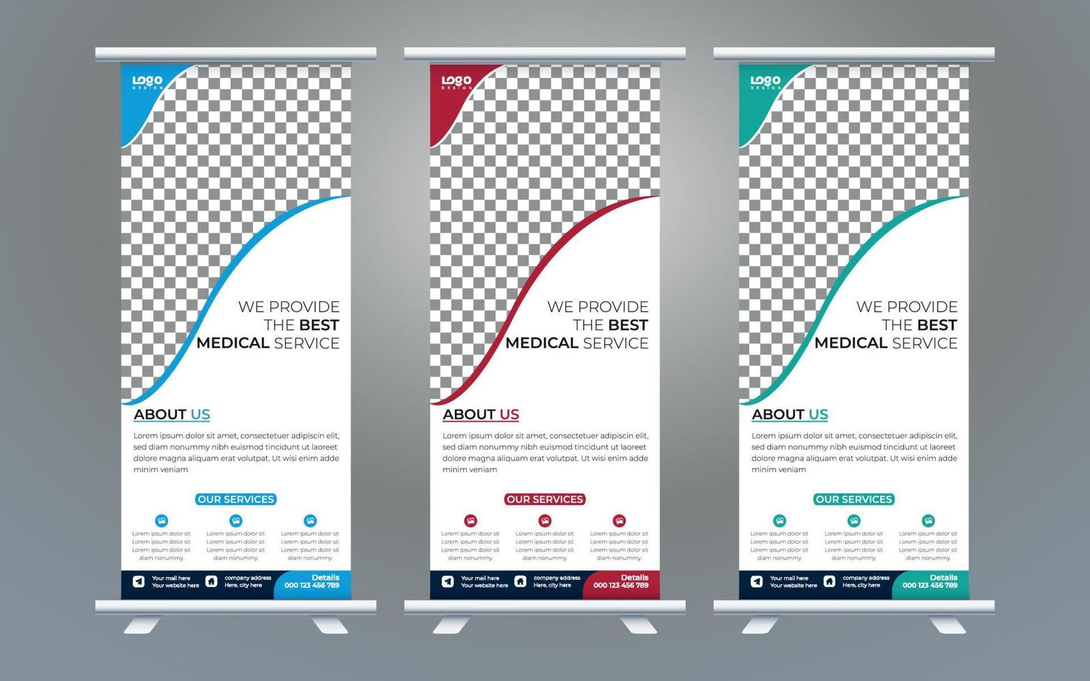 Healthcare and medical and flat icons roll up design, standee and banner template decoration for exhibition, printing, presentation and brochure flyer concept vector illustration
