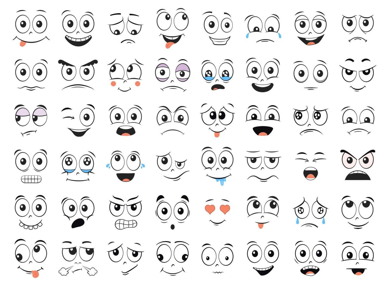 dibujos animados caras colocar. enojado, reír, sonriente, llanto, asustado y otro expresiones ilustración. vector