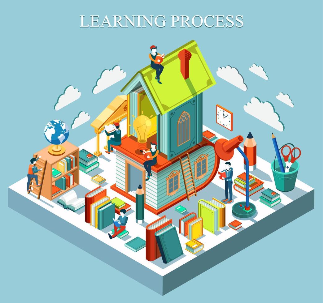 Learning process. Online education Isometric flat design. The concept of reading books in the library and in the classroom. Vector illustration.