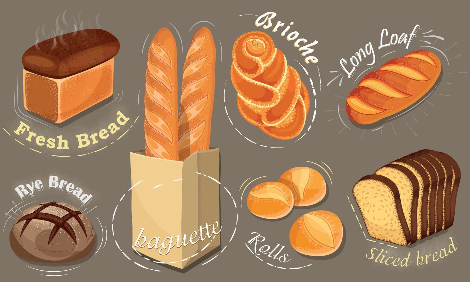 Vector bread icons set. Long loaf, rye bread, baguette, rolls, brioche.