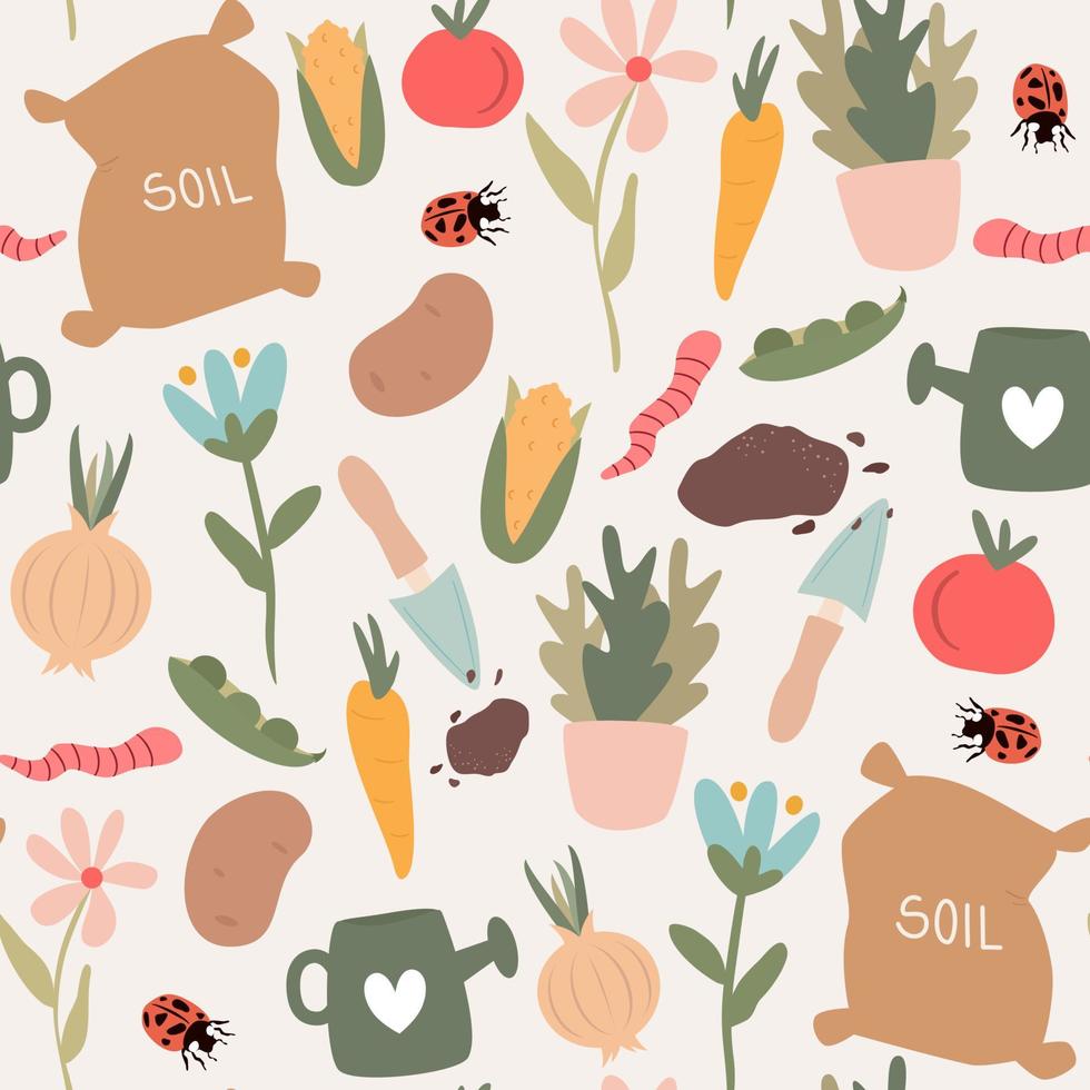 linda vistoso resumen gracioso sin costura vector modelo antecedentes ilustración con jardinería herramientas, flores, plantas, verduras, mariquitas y gusanos