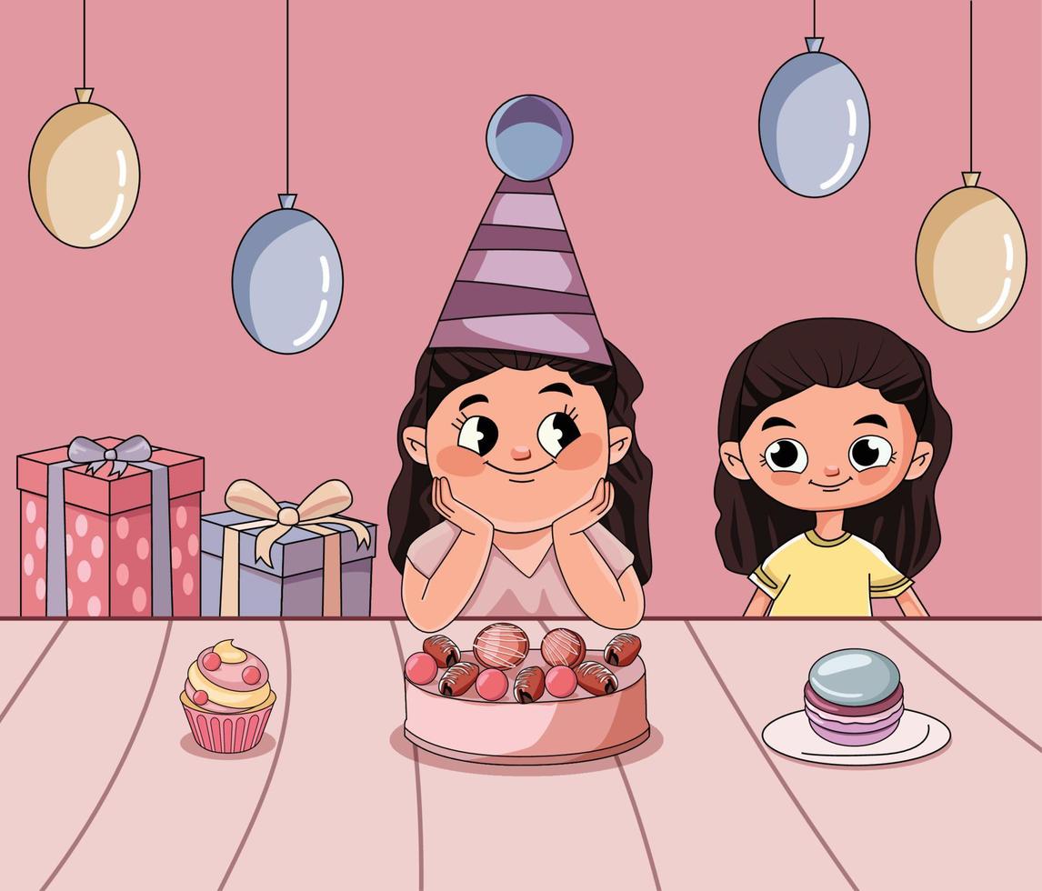 Girl celebrating her birthday with her friend, cartoon drawing vector