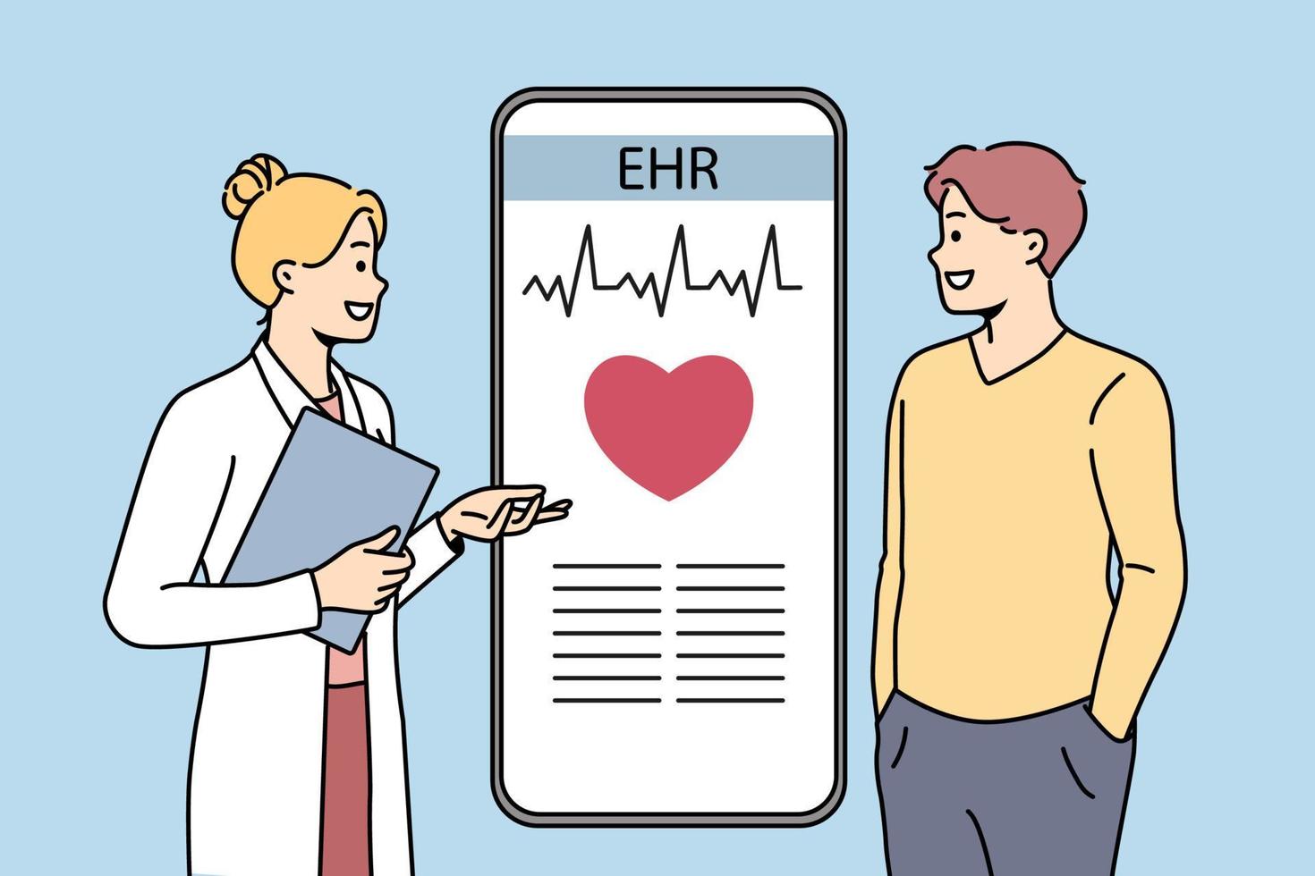 médico en médico uniforme consultar paciente acerca de ehr en Teléfono móvil pantalla. hembra cardiólogo tener consulta con hombre acerca de corazón Velocidad y cardiovascular enfermedad. vector. vector