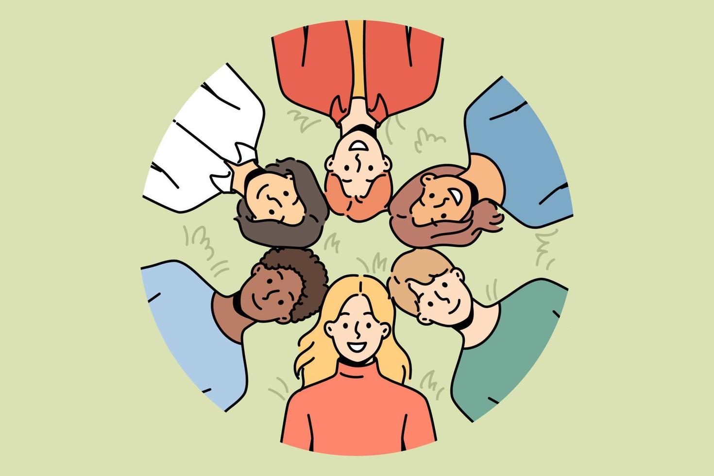 Upward view of smiling diverse people hug and relax together in summer park. Happy men and women rest in nature landscape. Friendship and relaxation. Vector illustration.