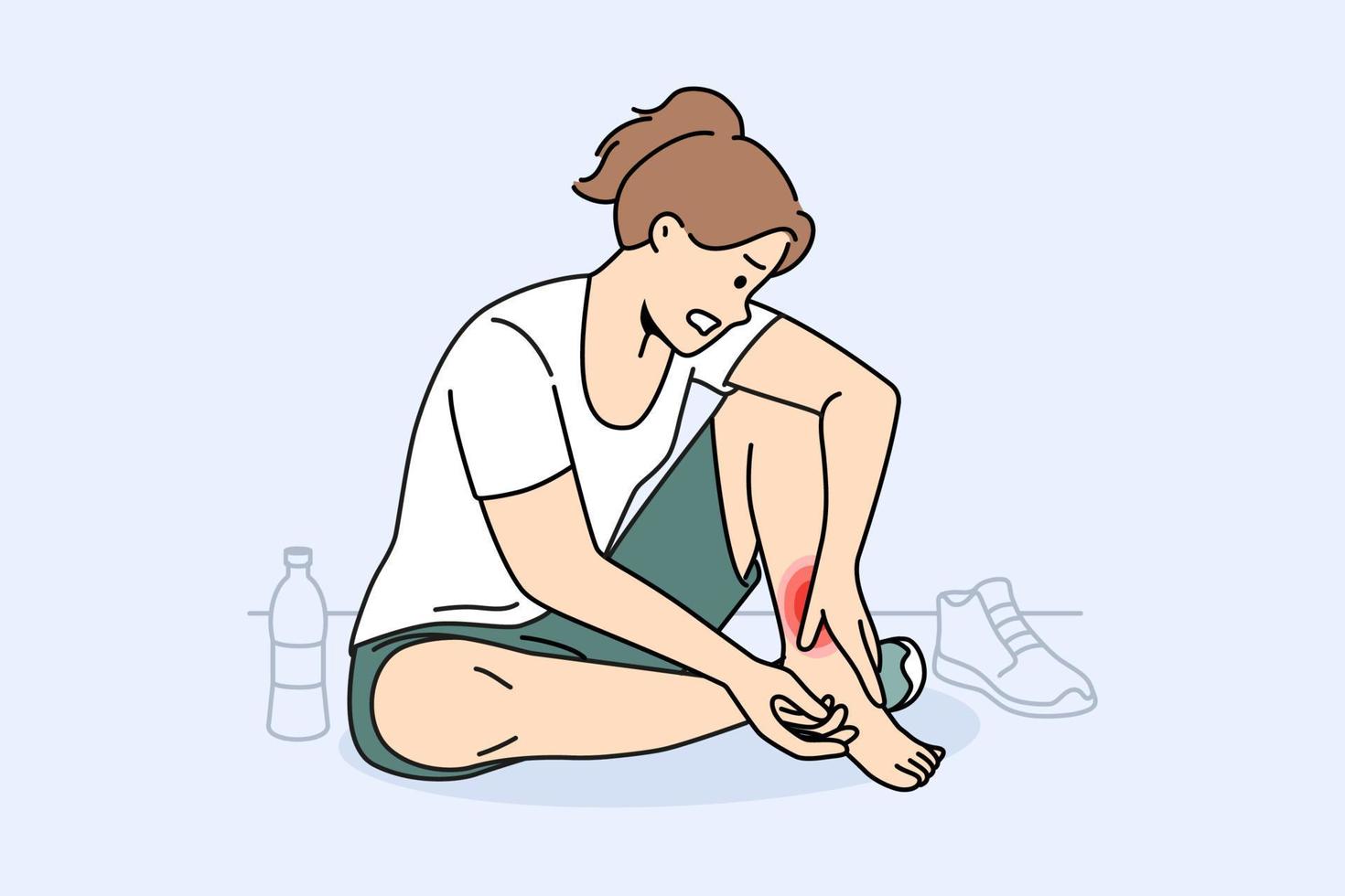 Unhealthy woman sit on floor in gym touch hurt ankle. Unwell girl suffer from trauma or injury exercising or doing sports. Vector illustration.