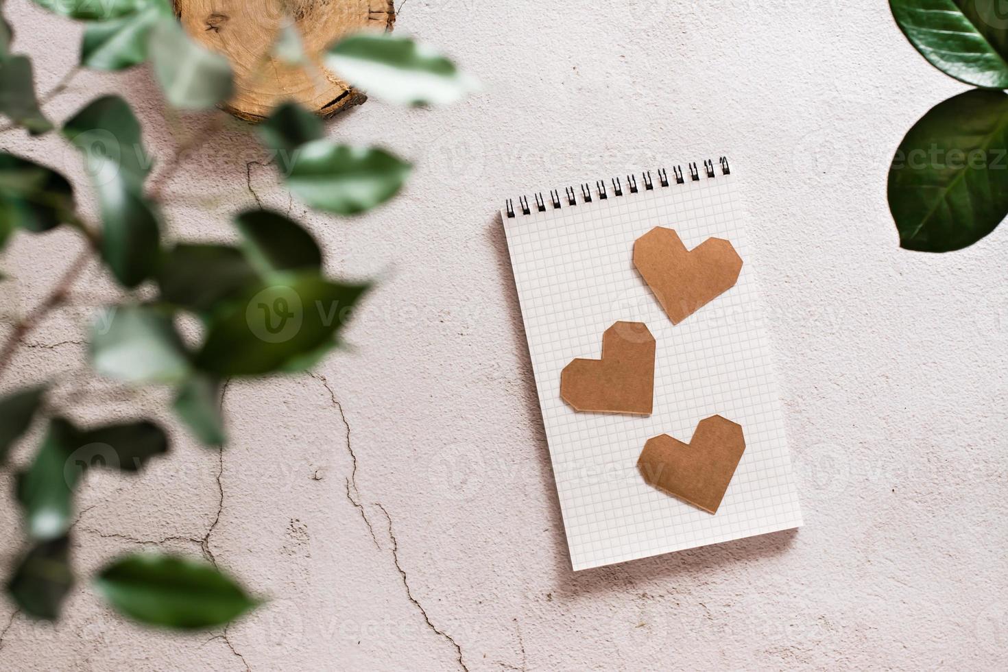 Eco mock up. Craft hearts on an open notepad on a light concrete background and plant home leaves. Top view. photo