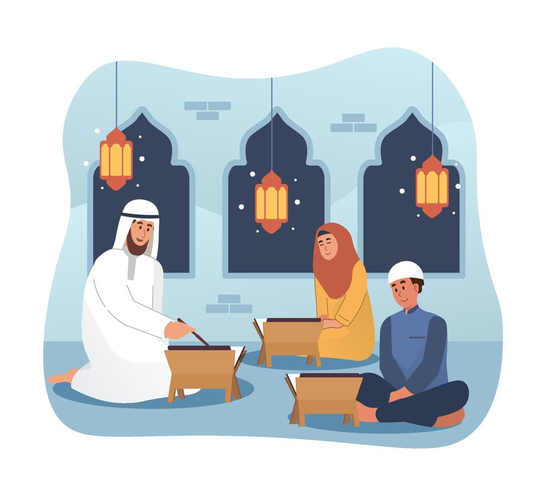 Muslim man and his students reading holy quran in mosque. Ramadan kareem flat cartoon illustration vector