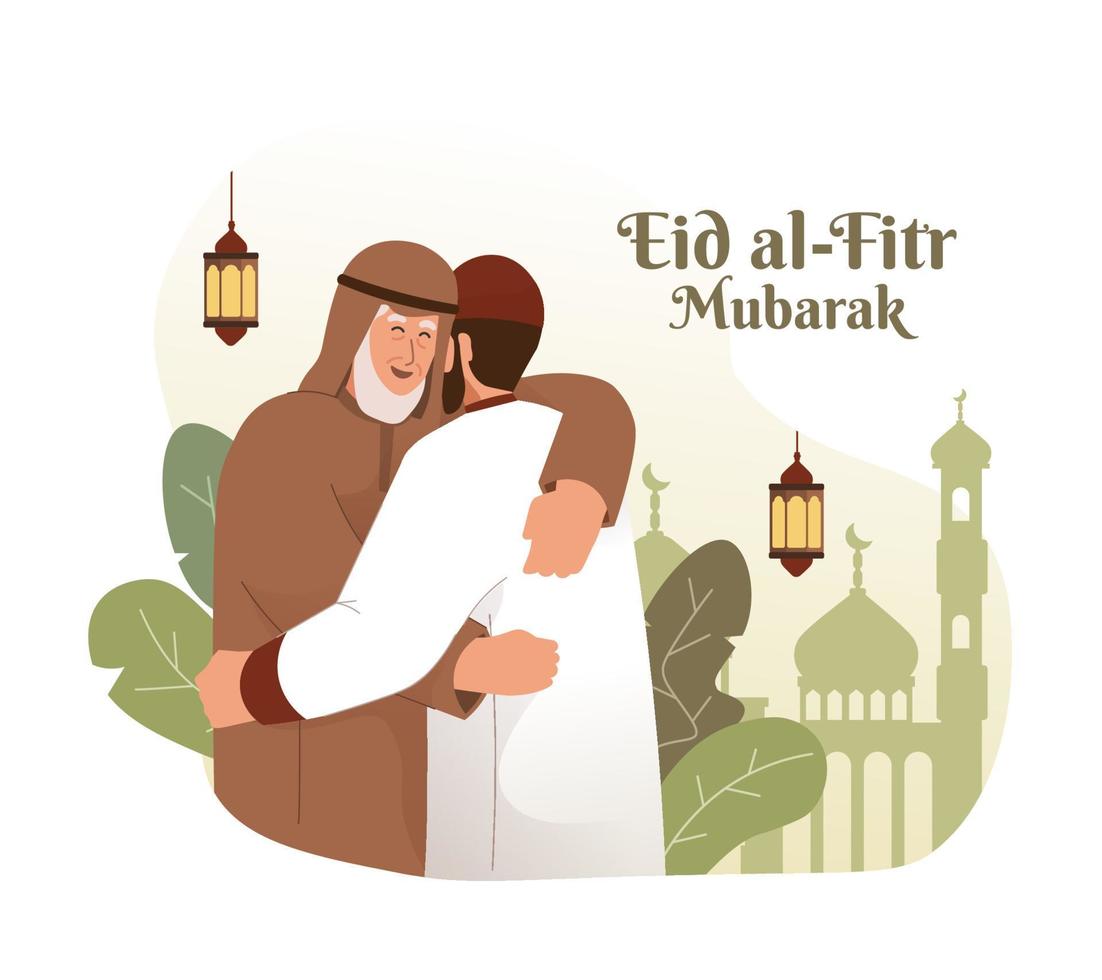 Muslim man hugging and wishing each other. Eid al-fitr mubarak flat cartoon character illustration vector
