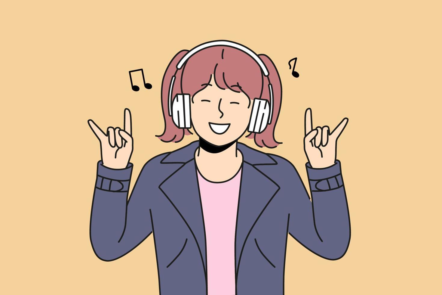 Smiling girl child listen to music in wireless headphones make rock n roll gesture. Excited kid in earphones have fun enjoying rock songs. Vector illustration.