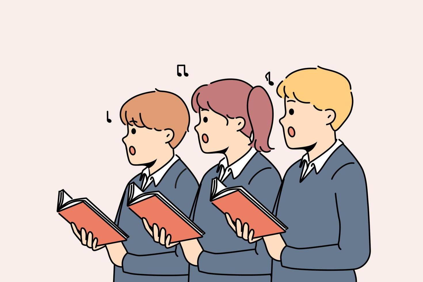 Small children with books sing in school choir together. Little schoolchildren with textbooks perform on stage. Musical hobby and performance. Vector illustration.