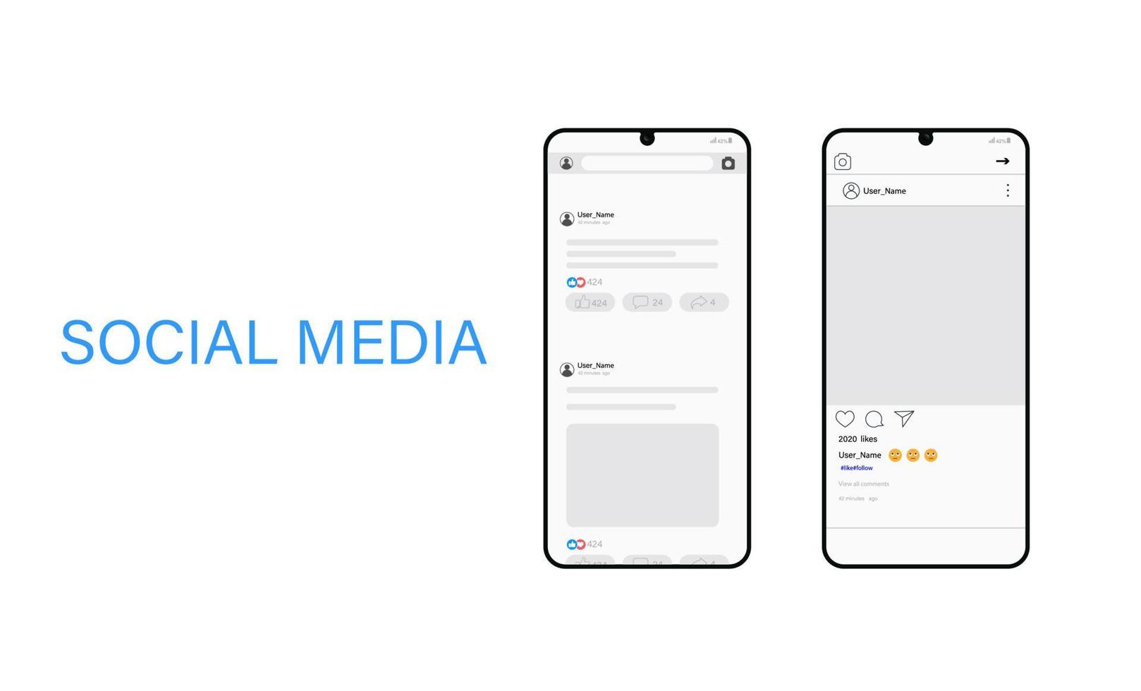Two chat screens templates on realistic black smartphones. Contacts page mockup and text bubbles messages, and send media file. Vector editable illustration. Social media concept.