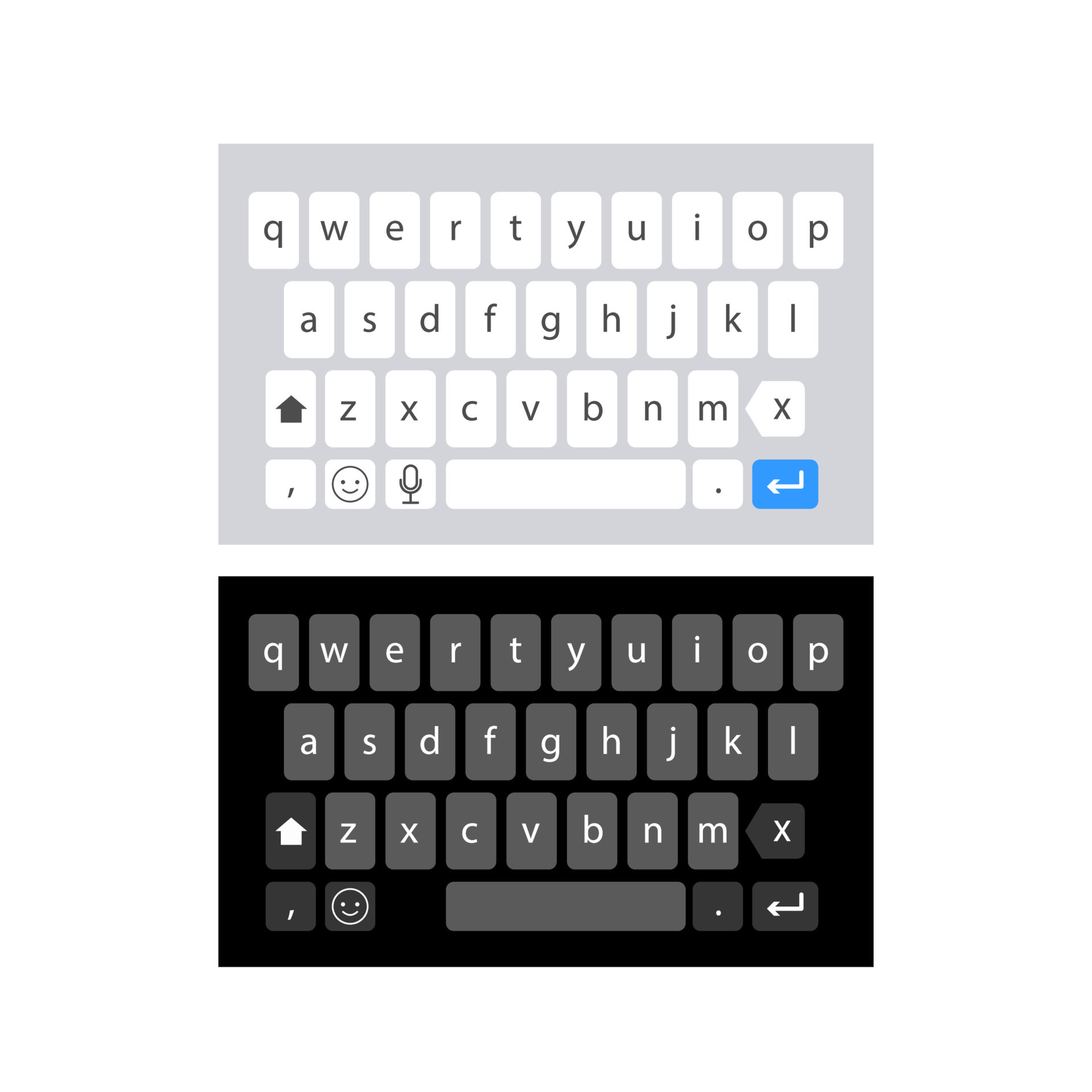 Smartphone keyboard in light and dark mode, keypad alphabet buttons in