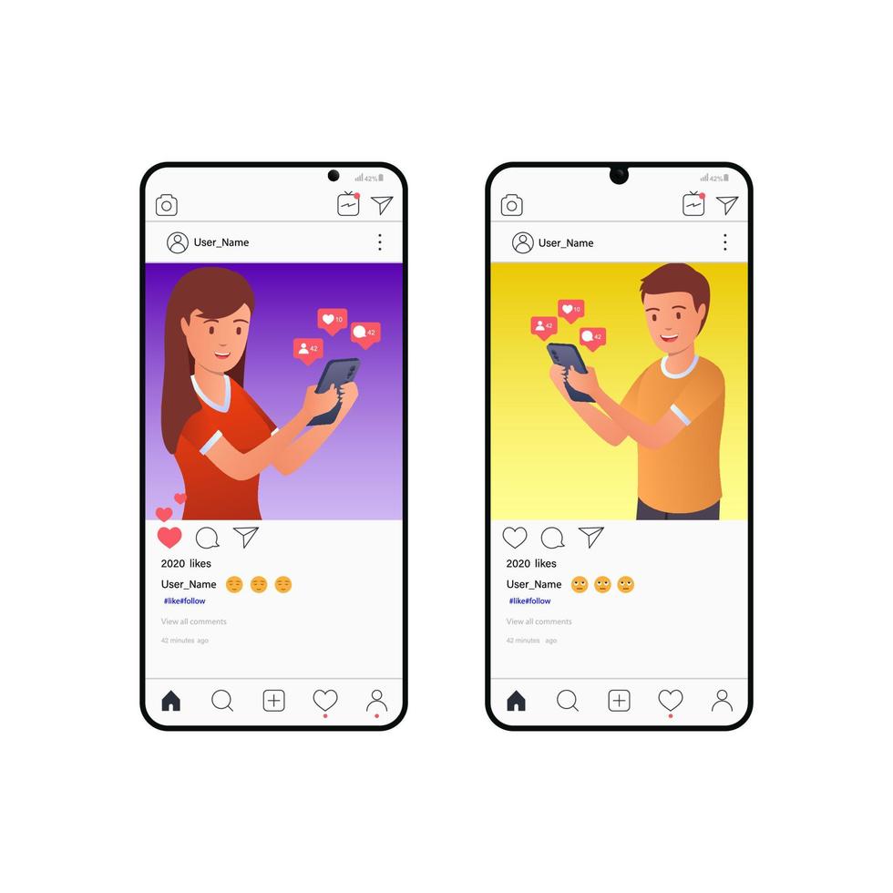 Young people social media texting messages in chat using smartphone. Flat modern illustration of chat via mobile phone, sending message and texting to friends via messenger app like follow and comment vector