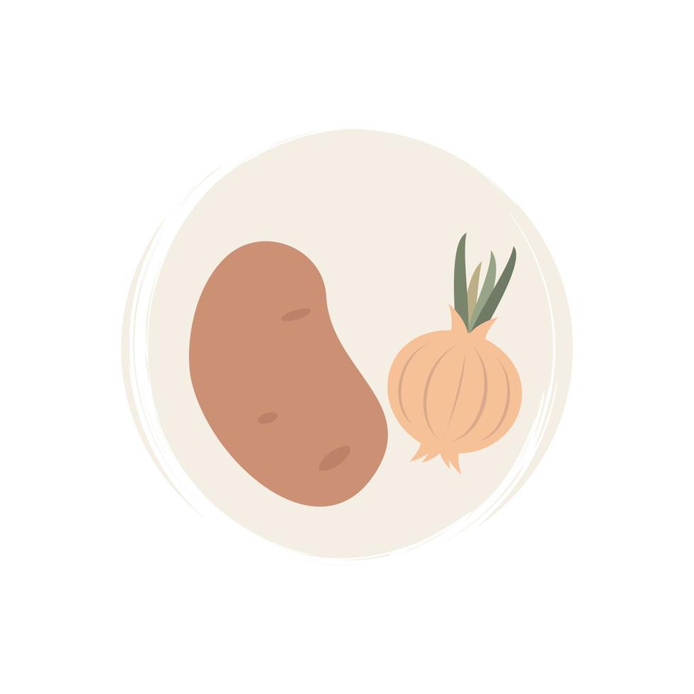 Cute logo or icon vector with onion and potato vegetables illustration on circle with brush texture, for social media story and highlight