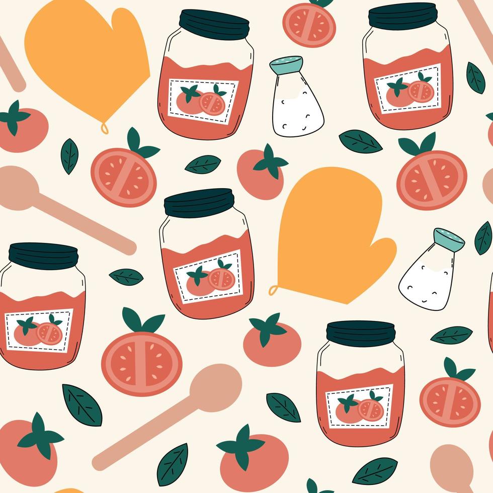 seamless pattern with mason jar with tomatoes, salt and other kitchen tools vector