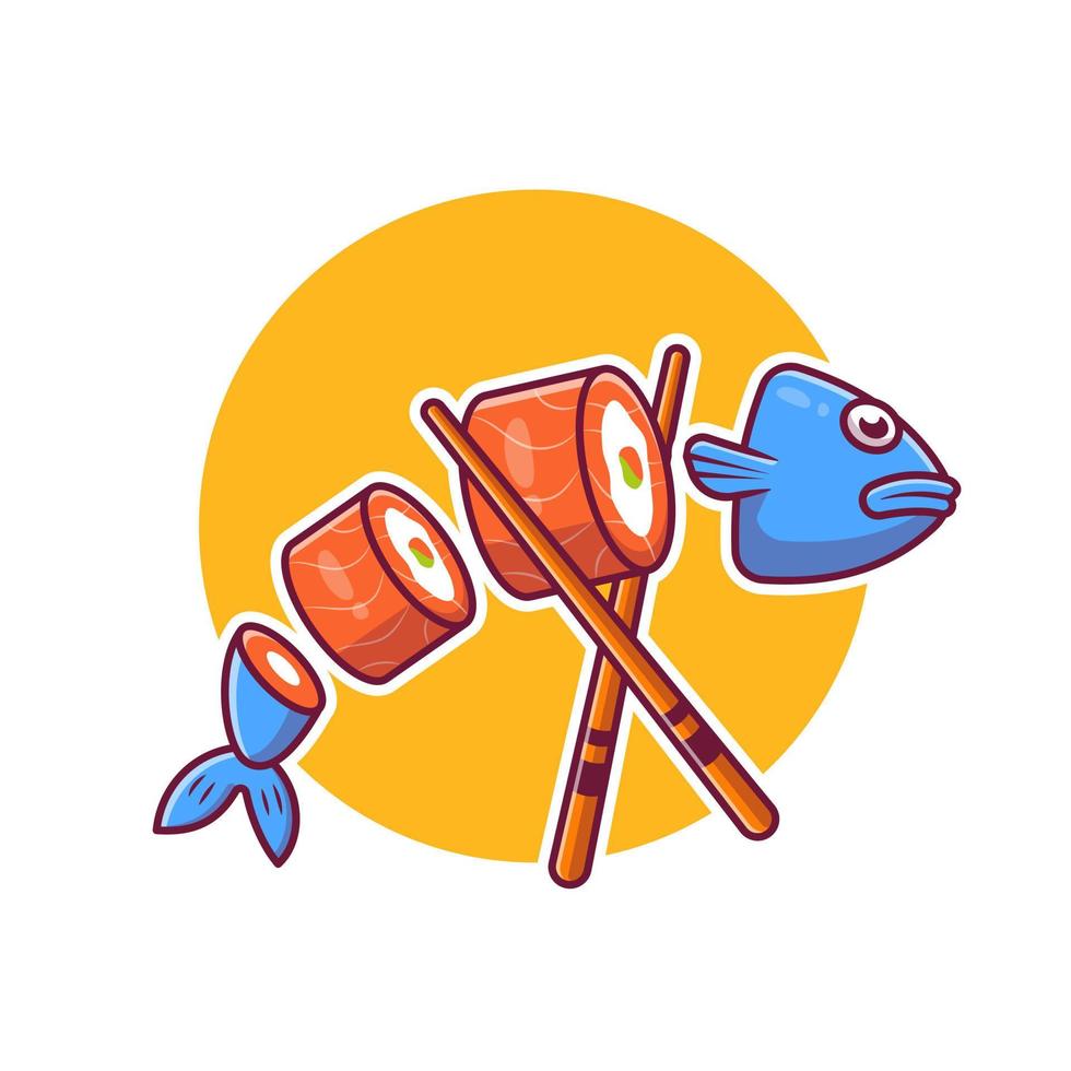 Salmon Fish Sushi With Chopstick Cartoon Vector Icon Illustration. Japanese Food Icon Concept Isolated Premium Vector. Flat Cartoon Style