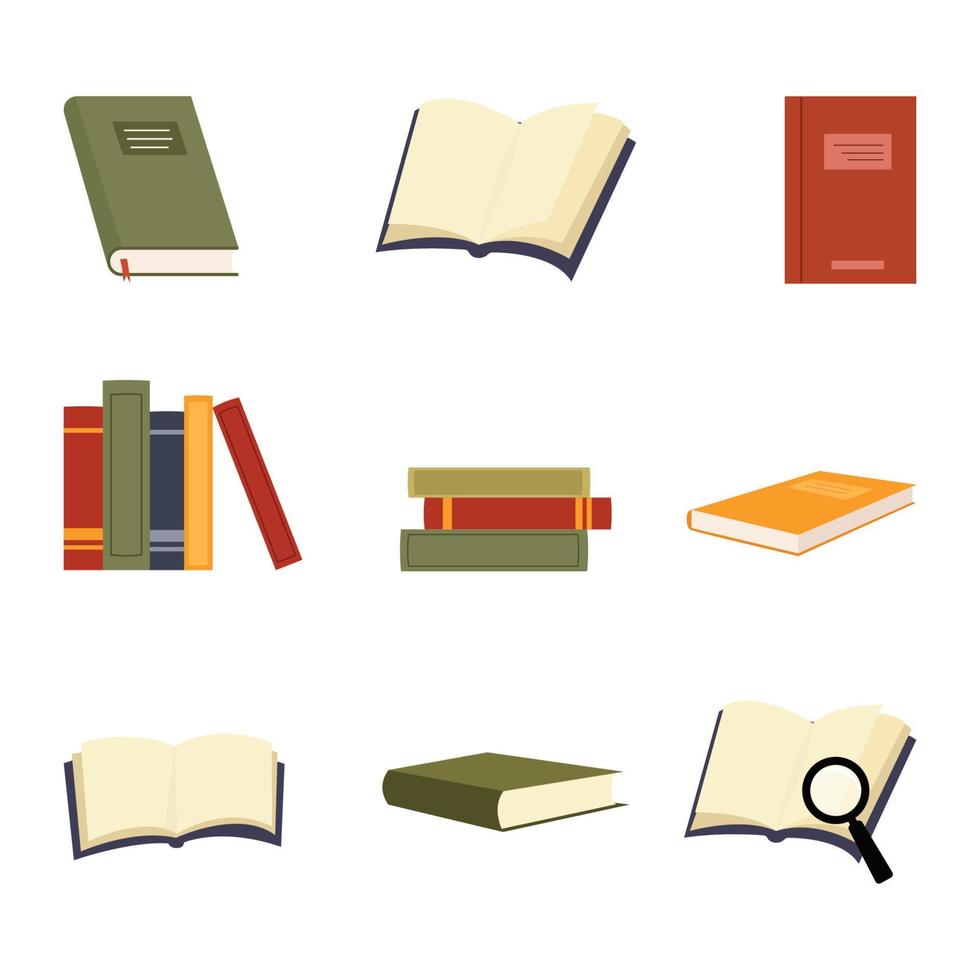 Stacks of books for reading, pile of textbooks for education. Set of literature, dictionaries, encyclopedias, planners with bookmarks. Colored flat vector illustration isolated on white background