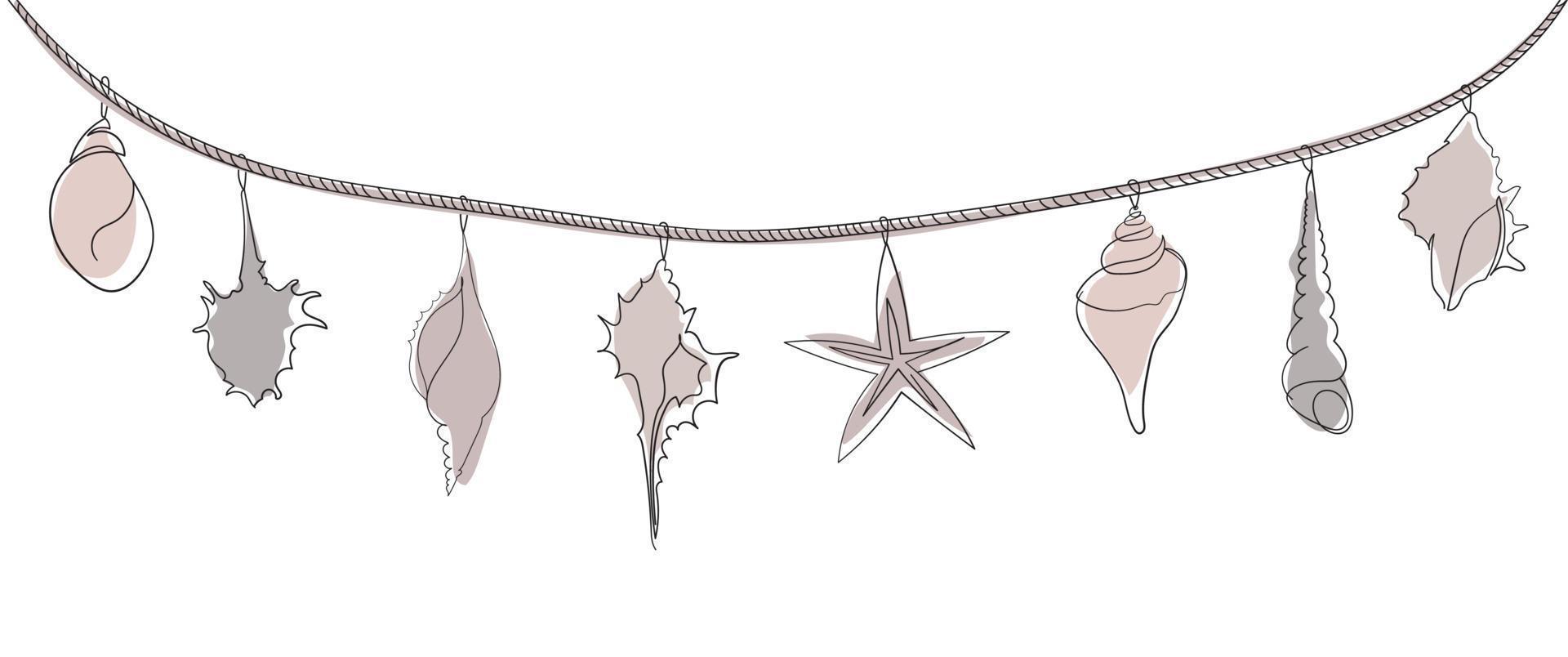 Seashells hanging on a rope with colored elements. One line drawing of a shell. Hand drawn marine illustrations of seashells. Summer tropical ocean beach style. vector