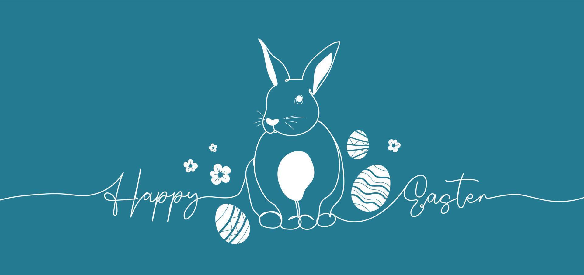 Happy Easter handwritten lettering line design. Easter bunny, eggs and flowers one line greeting card. Outline illustration on blue background vector