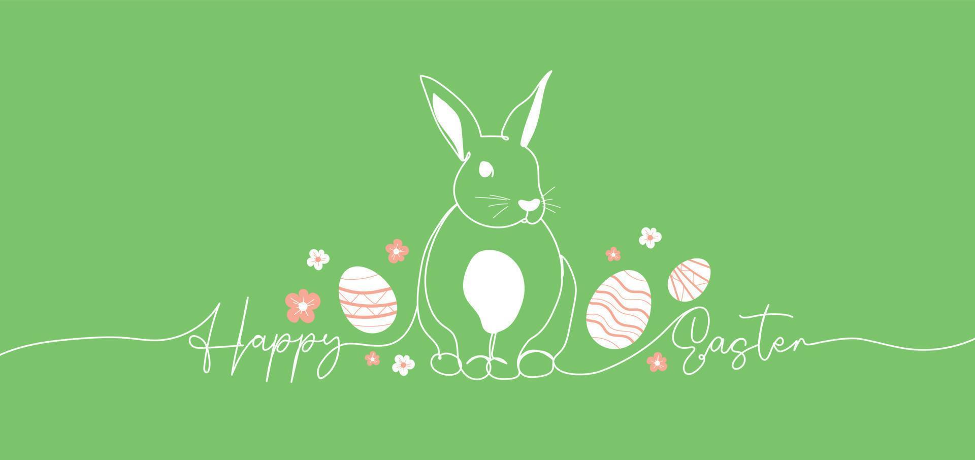 Happy Easter handwritten lettering line design. Easter bunny, eggs and flowers one line greeting card. Outline illustration on blue background vector