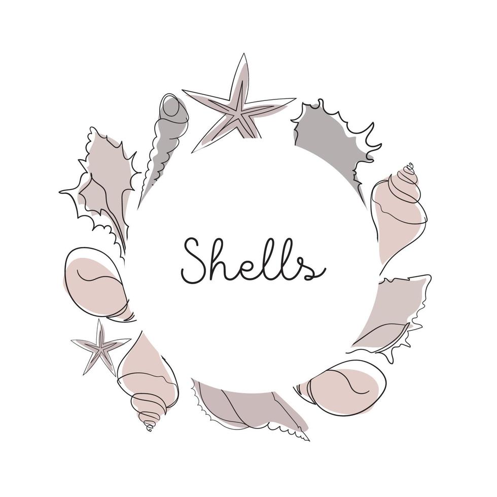 Seashells set on an abstract background in round frame. One line drawing of a shell. Round frame with hand drawn marine illustrations of seashells. Summer tropical ocean beach style. vector