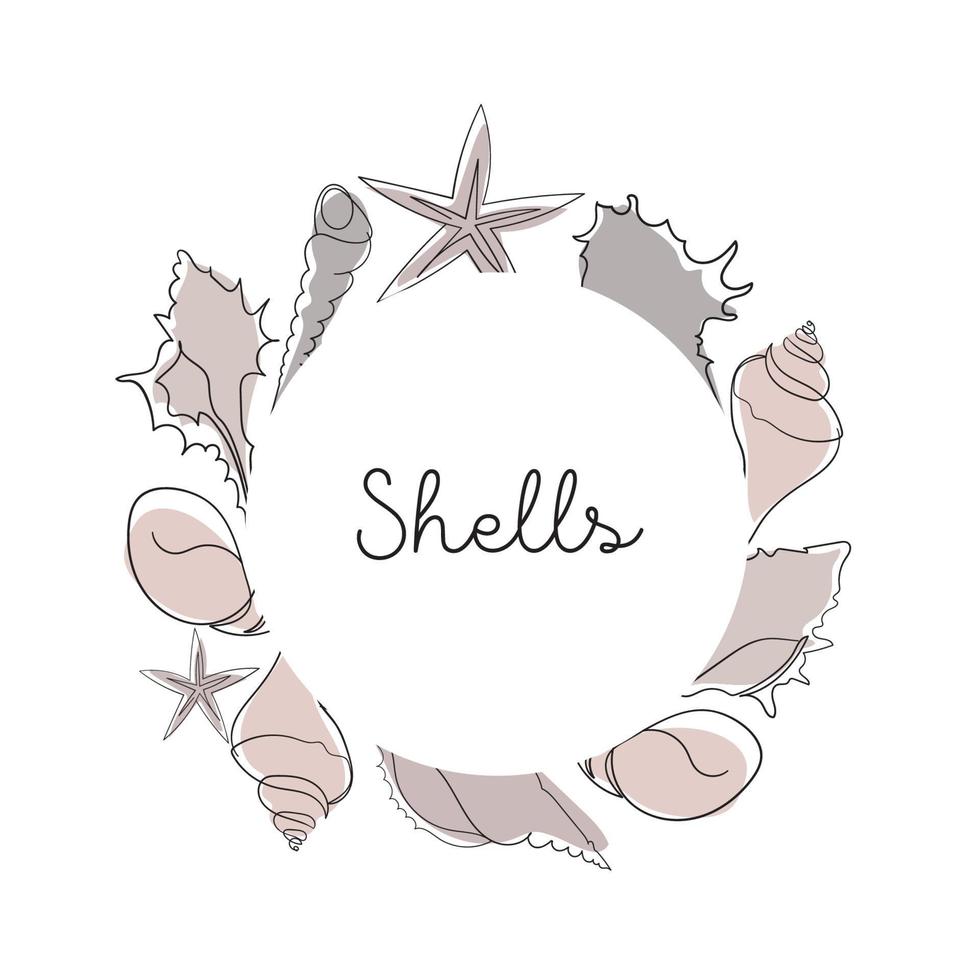 Seashells set on an abstract background in round frame. One line drawing of a shell. Round frame with hand drawn marine illustrations of seashells. Summer tropical ocean beach style. vector