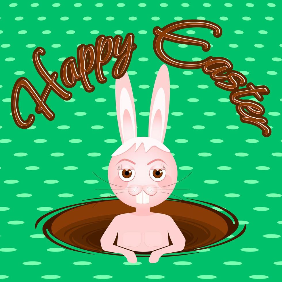 Cute bunny bathing in a meadow hole with chocolate and happy eastern text message. Vector illustration