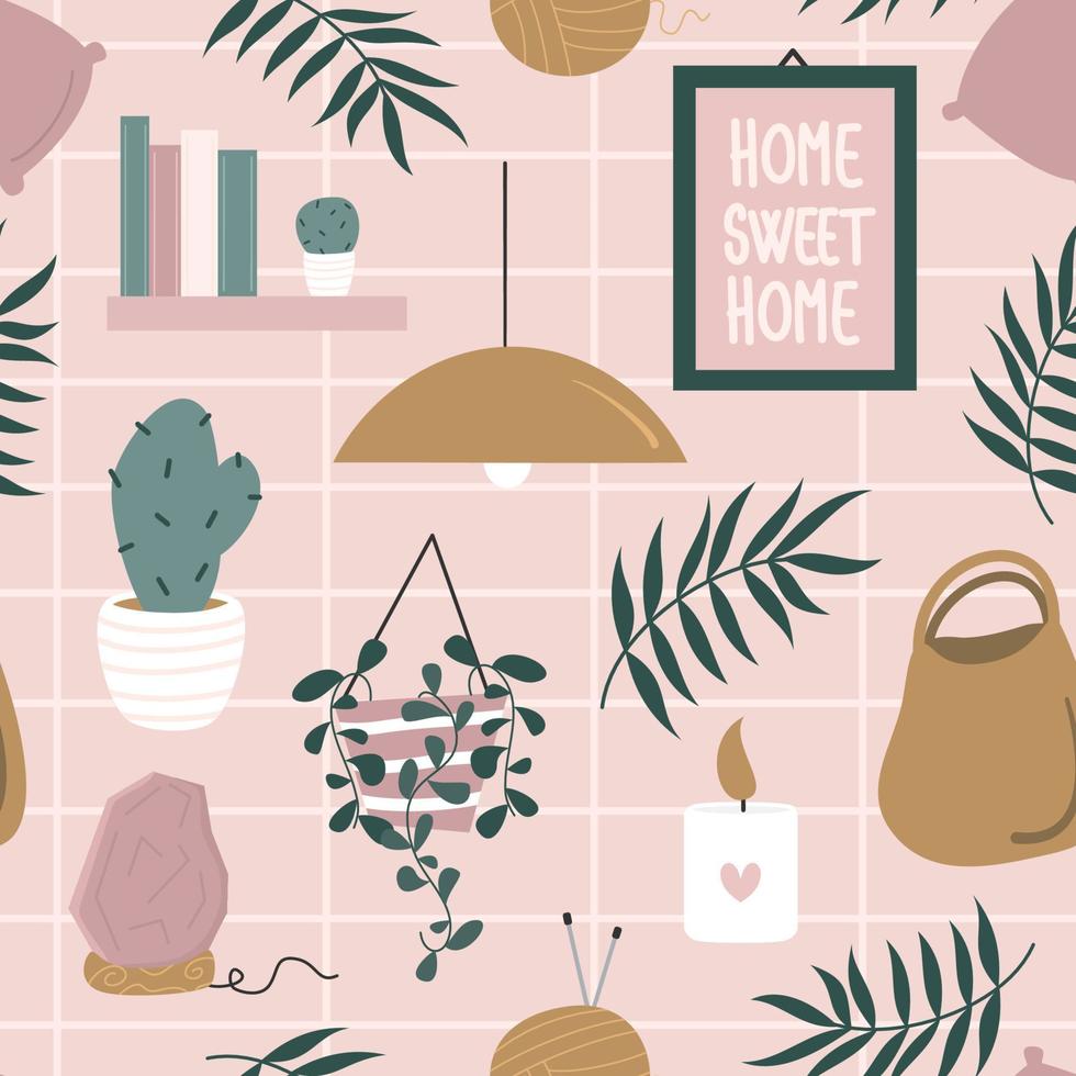 Cute colorful abstract lovely hand drawn seamless vector pattern background illustration with cozy and comfortable home interior objects in modern flat style