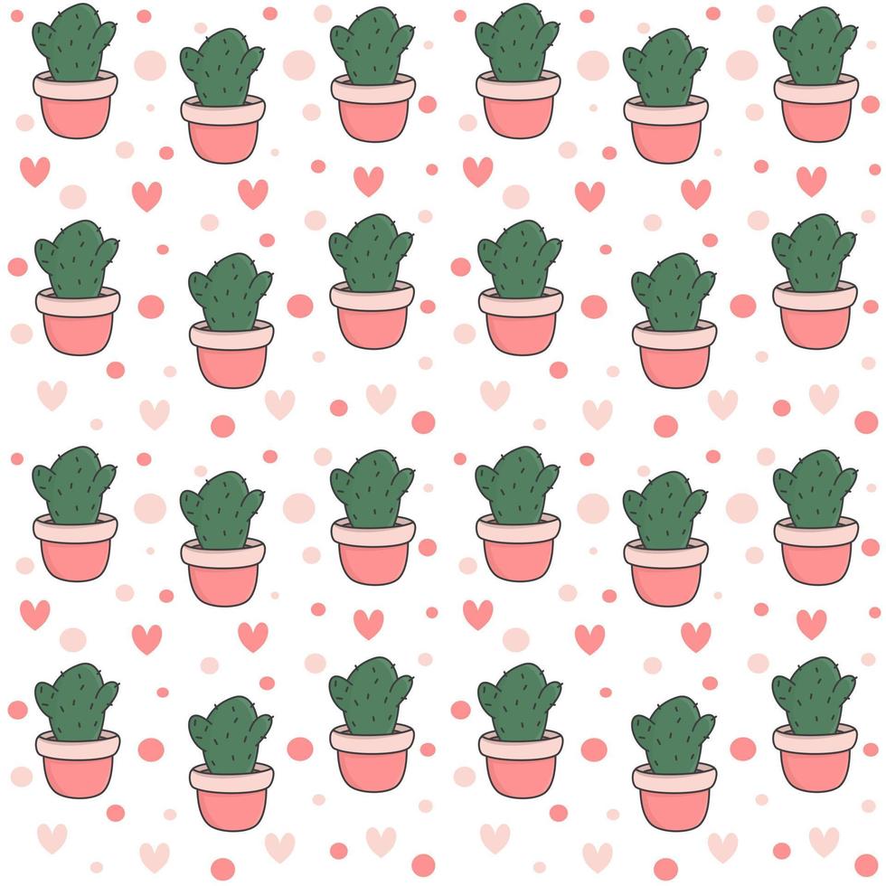 cute potted cactus seamless vector pattern background illustration with hearts and dots