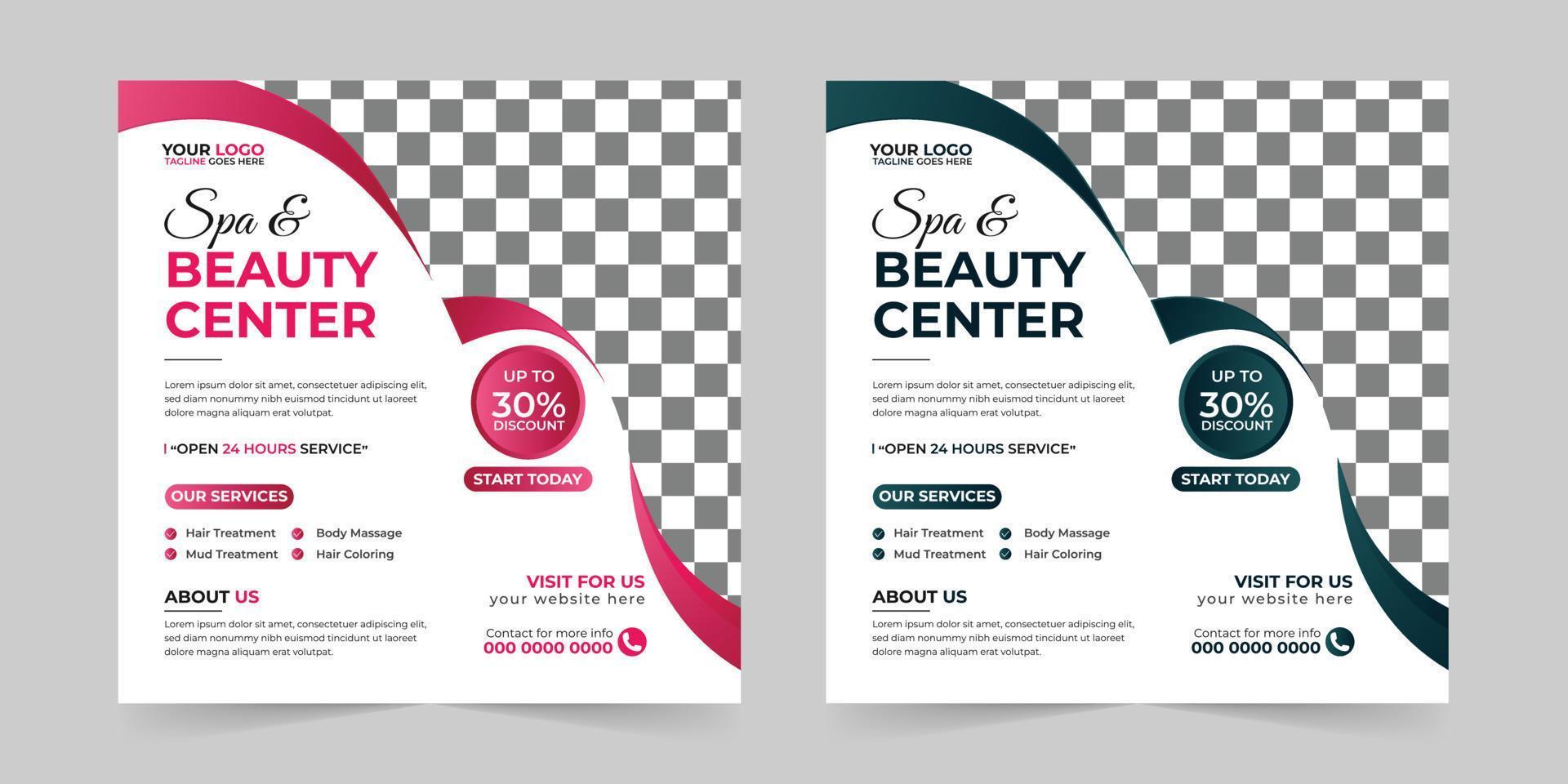 Modern Spa Beauty Center social media post, Digital marketing promotion ads sales and discount web banner vector template design