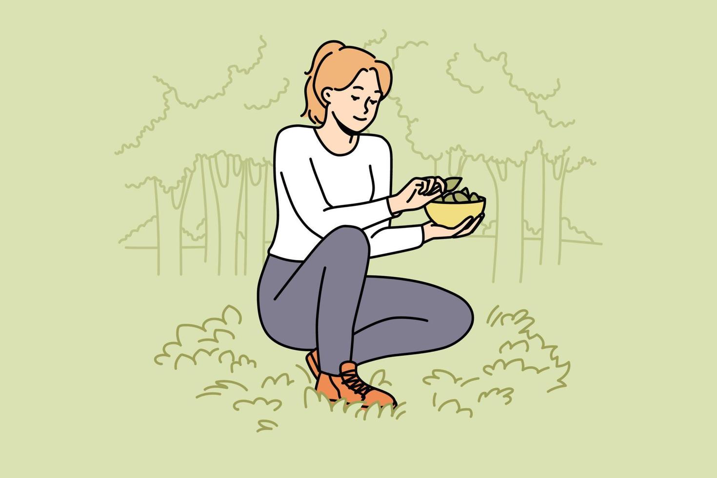 mujer coleccionar hojas en bosque. contento hembra reunión plantas en madera, poniendo hoja en cesta. vector ilustración.