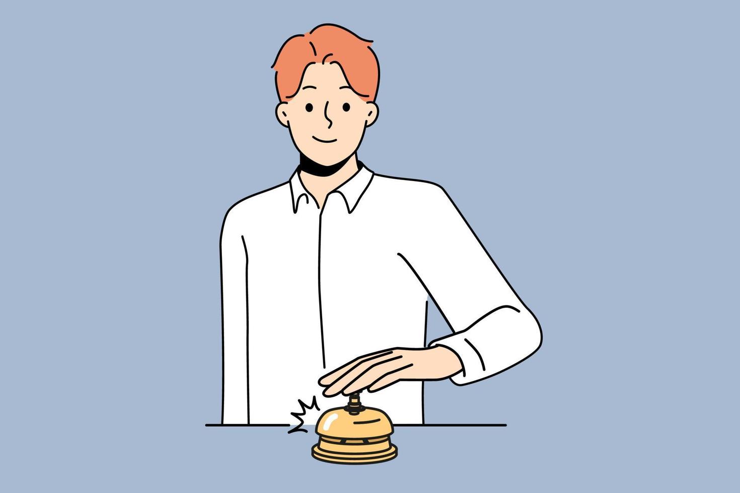 Smiling man ringing bell at hotel reception calling personnel. Happy male client or customer press ringer at administration counter. Vector illustration.