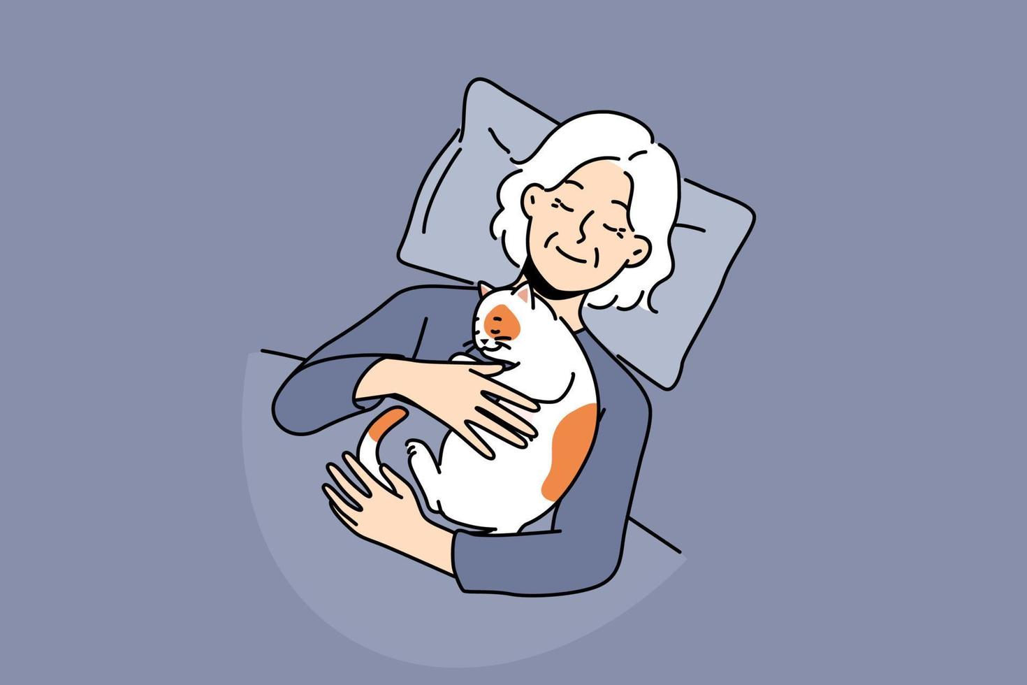 Smiling elderly woman lying in bed with cat sleeping on chest. Happy mature grandmother sleep at home cuddling hugging pet. Vector illustration.